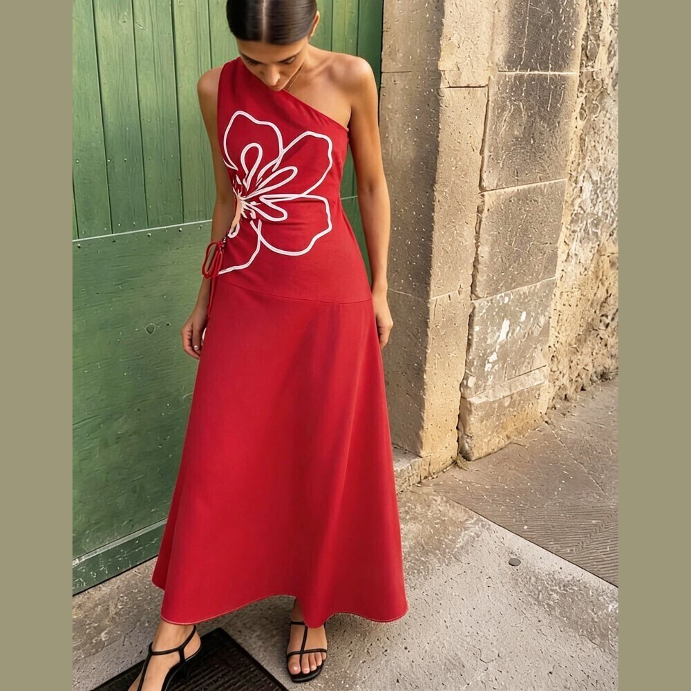 Red One Shoulder Floral Effect Cutout Tie Side Maxi Dress